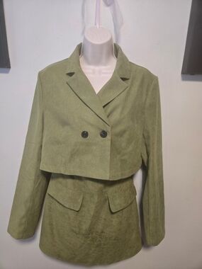 Cider Olive Green Cropped Double-Breasted Jacket MD and Strapless Dress Small